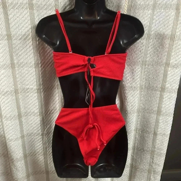 ZAFUL Women Strapless Bikini Lace Up Ribbed High Cut Bandeau 2 Piece Swimsuit - Picture 6 of 10